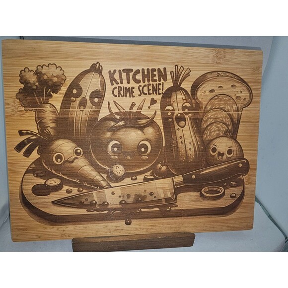 Funny cute pun vegetable Crime Scene  engraved Bamboo Wooden Cutting Board - Picture 2 of 3